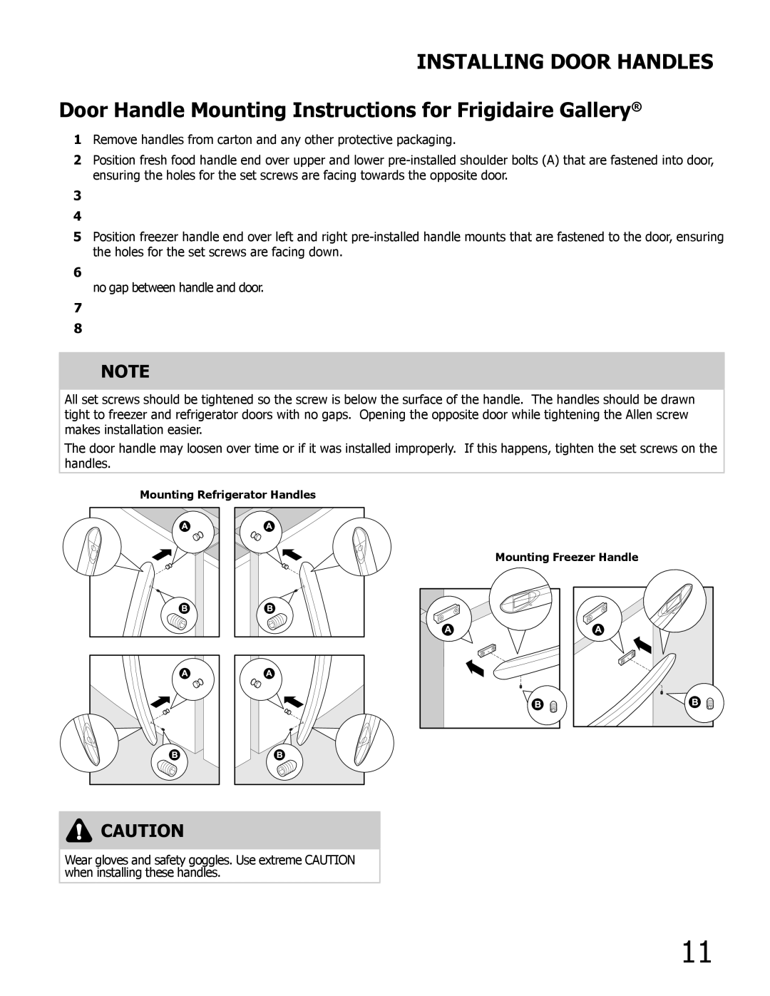 Frigidaire FGHB2869LE, FGHB2846LM Installing Door Handles, Door Handle Mounting Instructions for Frigidaire Gallery 