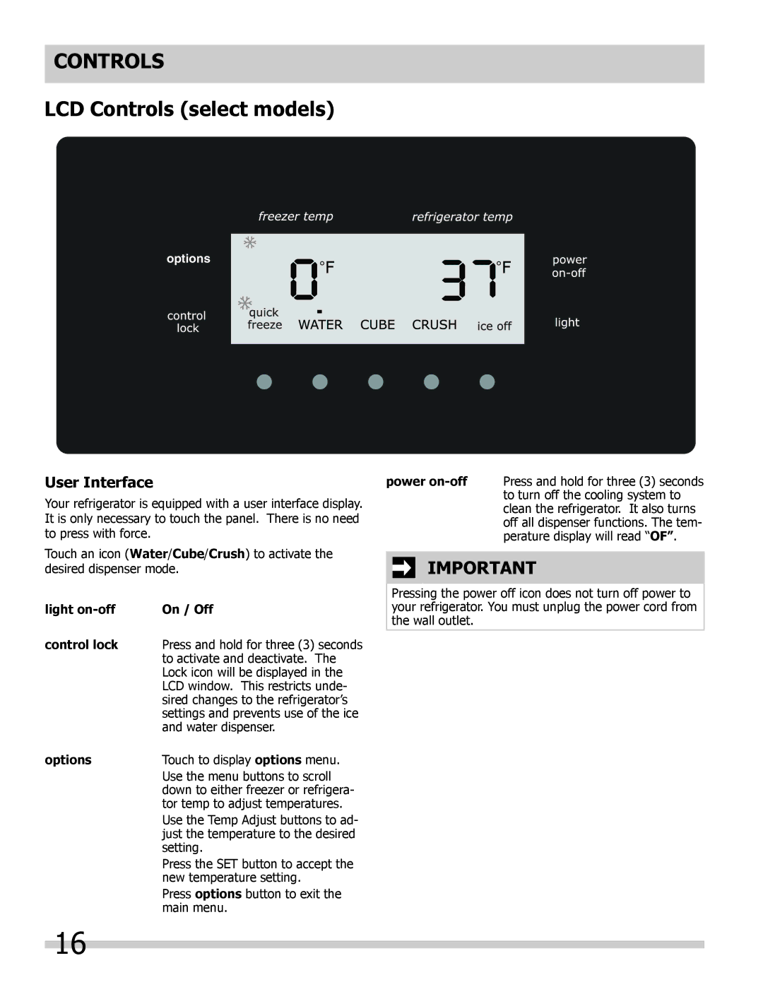 Frigidaire FGHB2869LE, FGHB2846LM LCD Controls select models, User Interface, Light on-off On / Off Control lock, Options 