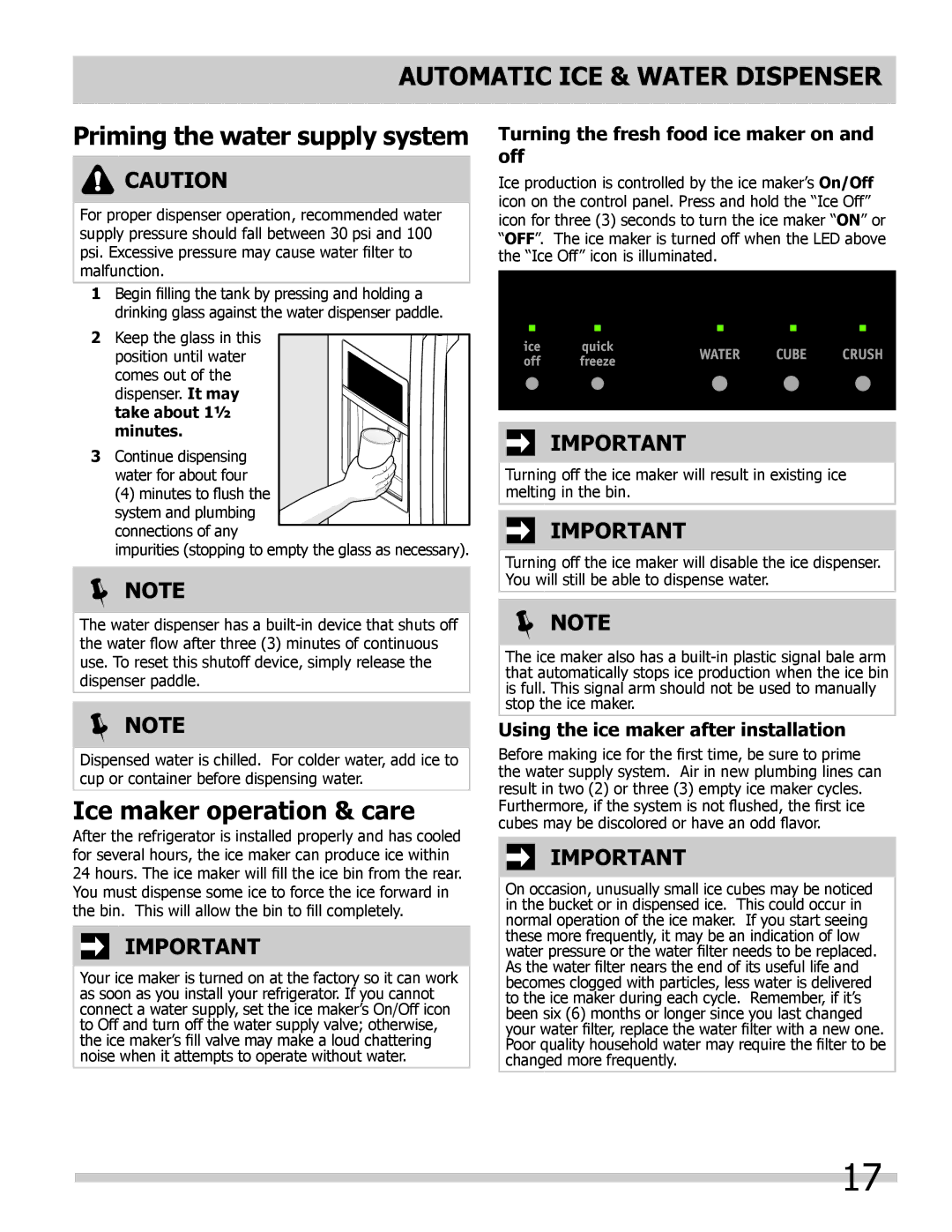 Frigidaire FGHB2869LP Automatic ICE & Water Dispenser, Priming the water supply system, Ice maker operation & care 