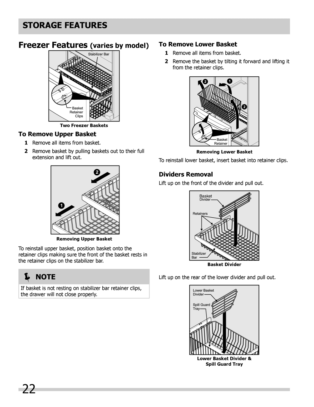 Frigidaire FGHB2869LP Freezer Features varies by model, To Remove Lower Basket, To Remove Upper Basket, Dividers Removal 