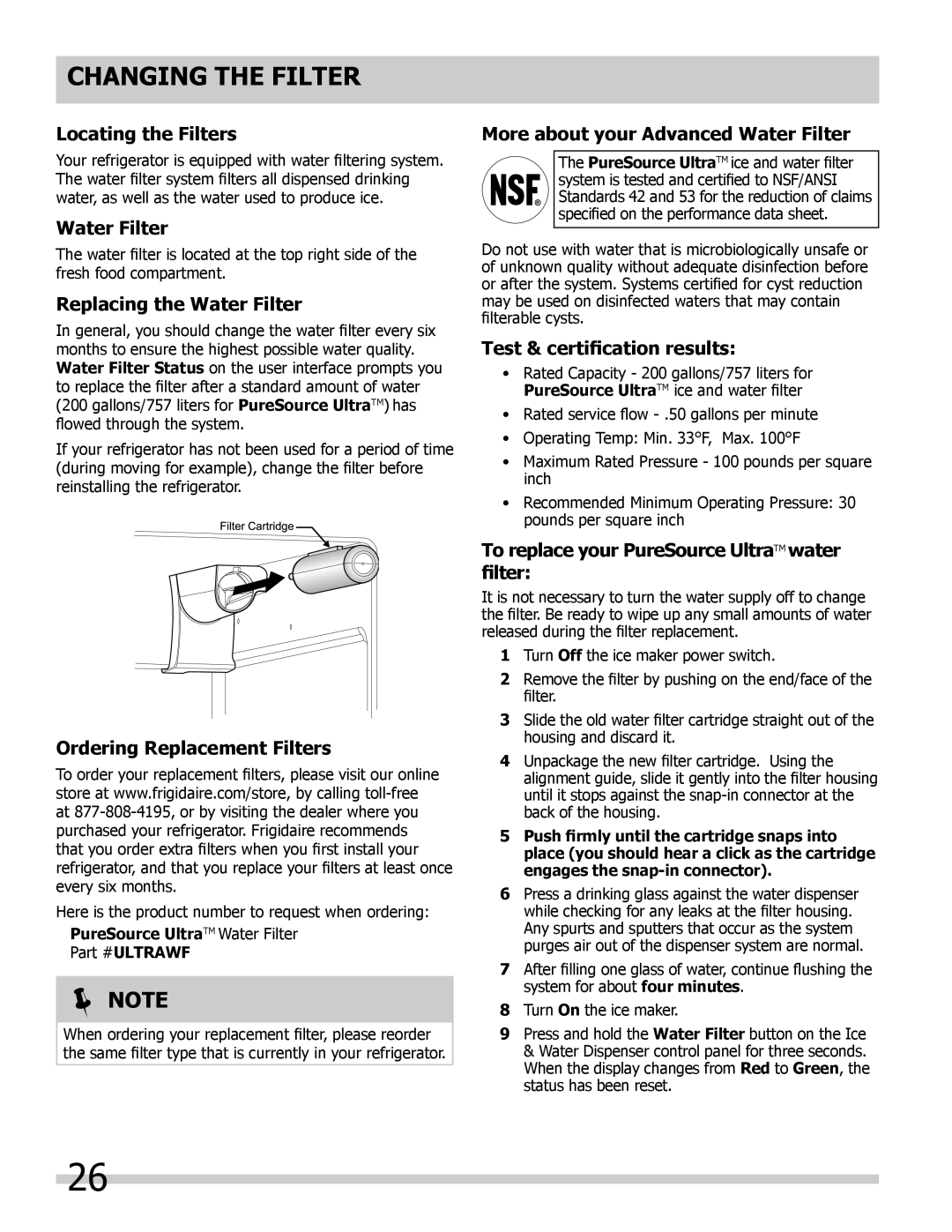 Frigidaire FGHB2869LE, FGHB2846LM, FGHB2869LP, FGHB2846LF, FGHB2844LM important safety instructions Changing the Filter 