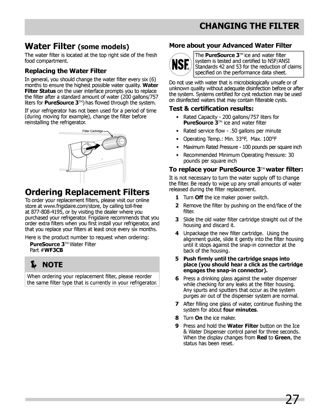 Frigidaire FGHB2869LP Water Filter some models, Ordering Replacement Filters, To replace your PureSource 3TM water filter 