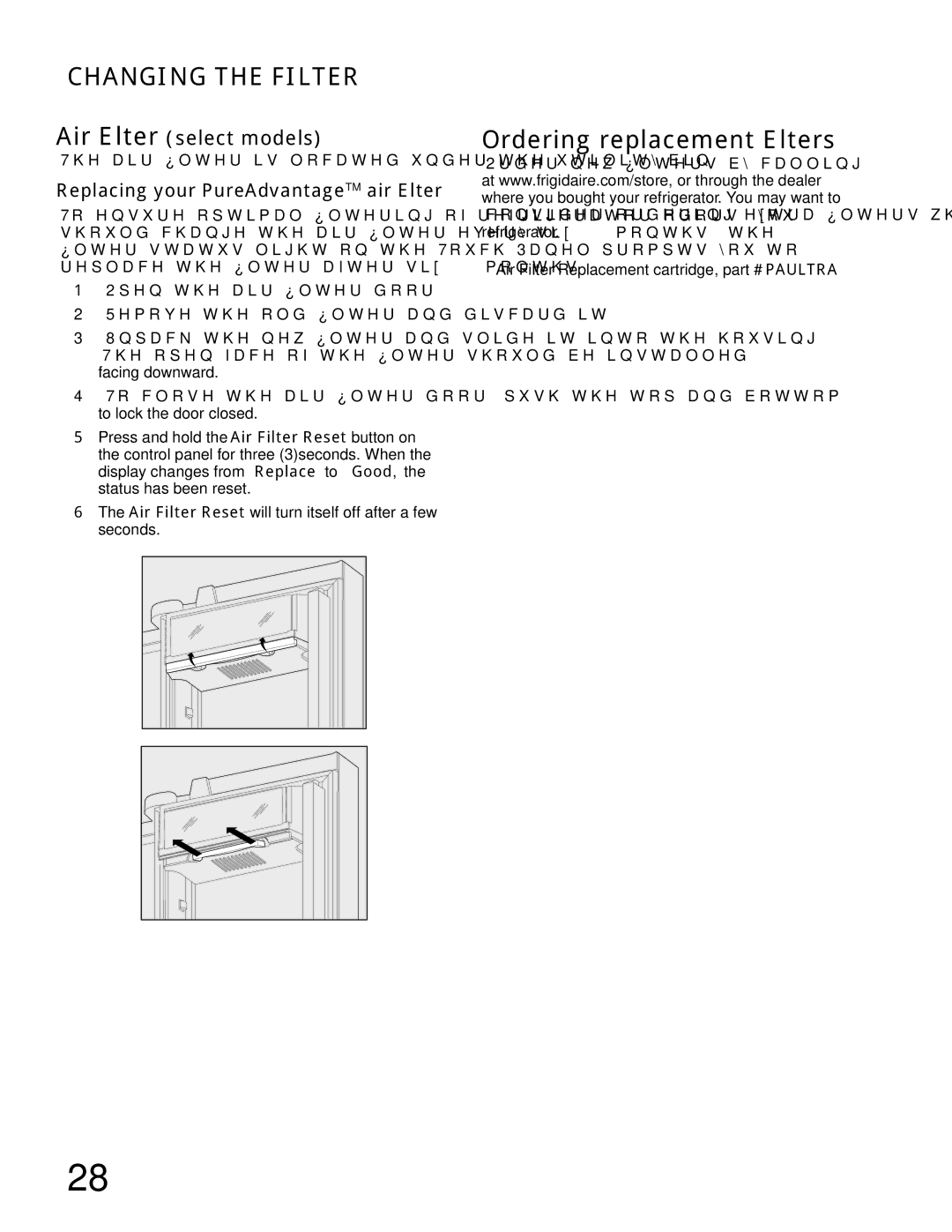 Frigidaire FGHB2846LF, FGHB2846LM, FGHB2869LE Air filter select models, Replacing your PureAdvantageTM air filter 