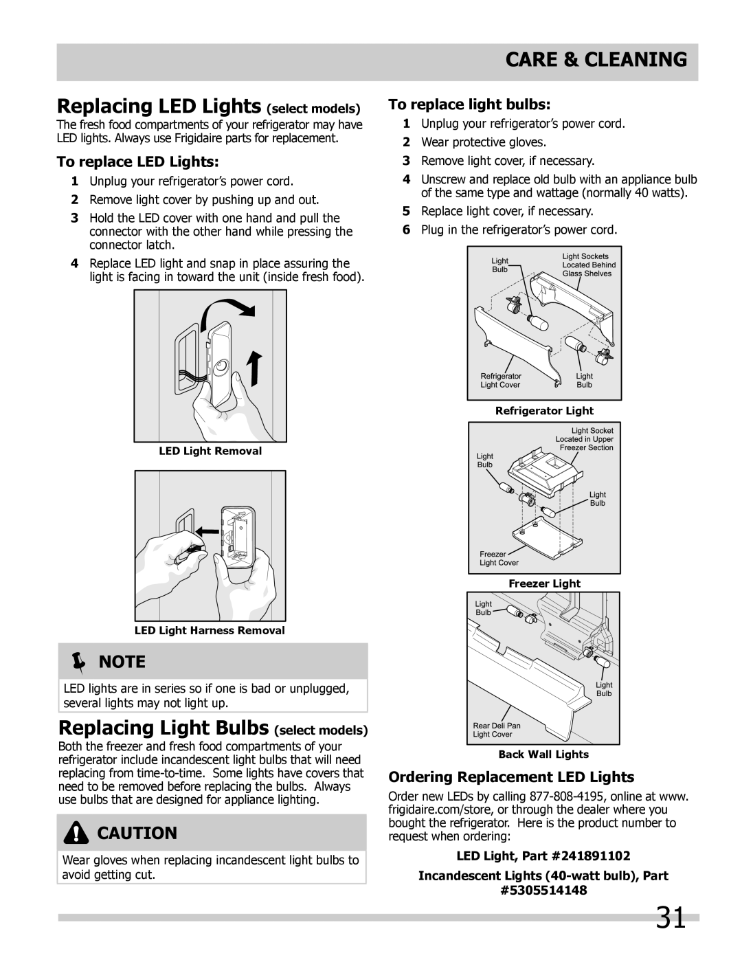 Frigidaire FGHB2869LE Replacing LED Lights select models, Replacing Light Bulbs select models, To replace LED Lights 