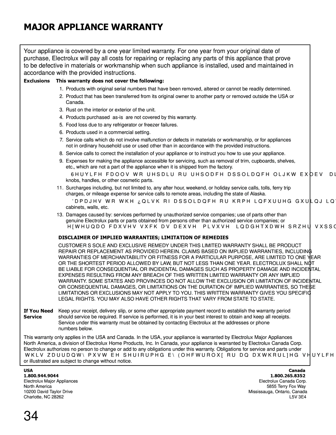 Frigidaire FGHB2844LM, FGHB2846LM Major Appliance Warranty, Exclusions This warranty does not cover the following 