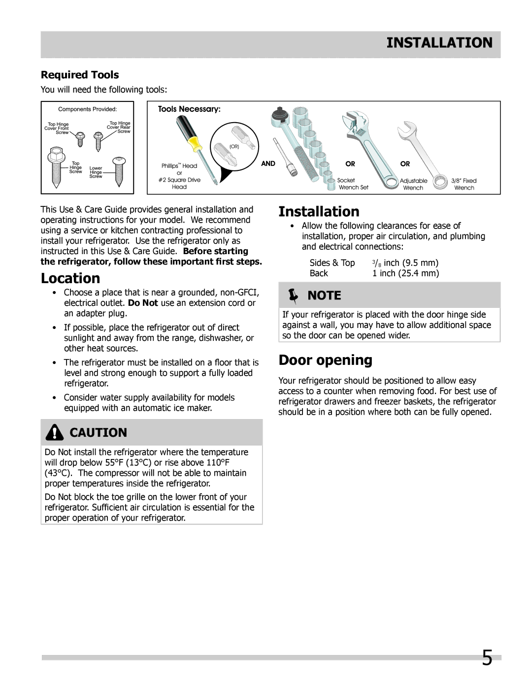 Frigidaire FGHB2846LM, FGHB2869LE, FGHB2869LP, FGHB2846LF, FGHB2844LM Installation, Location, Door opening, Required Tools 