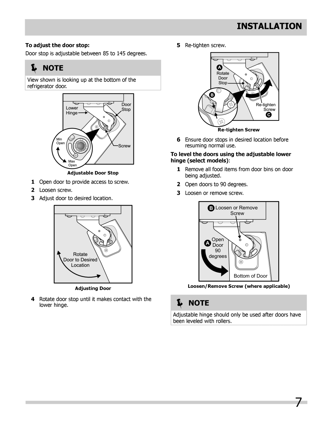 Frigidaire FGHB2869LP, FGHB2846LM, FGHB2869LE, FGHB2846LF, FGHB2844LM important safety instructions To adjust the door stop 