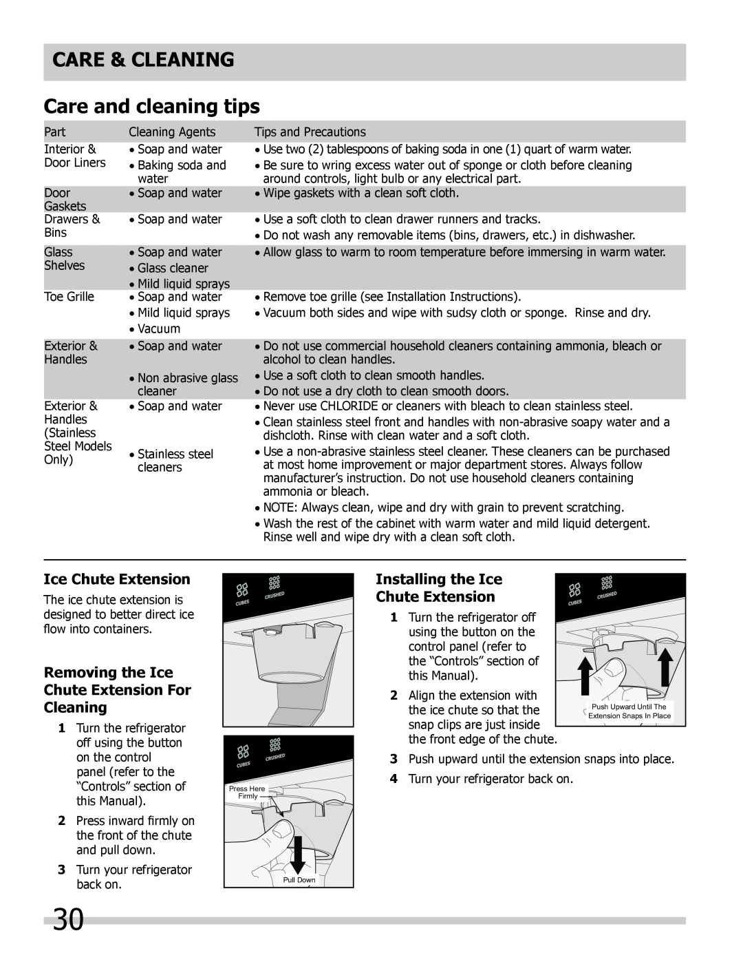 Frigidaire FGHB2846LM, FGHB2869LE CARE & CLEANING Care and cleaning tips, Installing the Ice Chute Extension 
