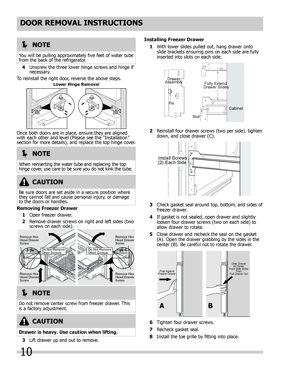 Frigidaire FGHF2366PF Removing Freezer Drawer, Installing Freezer Drawer, Drawer is heavy. Use caution when lifting 