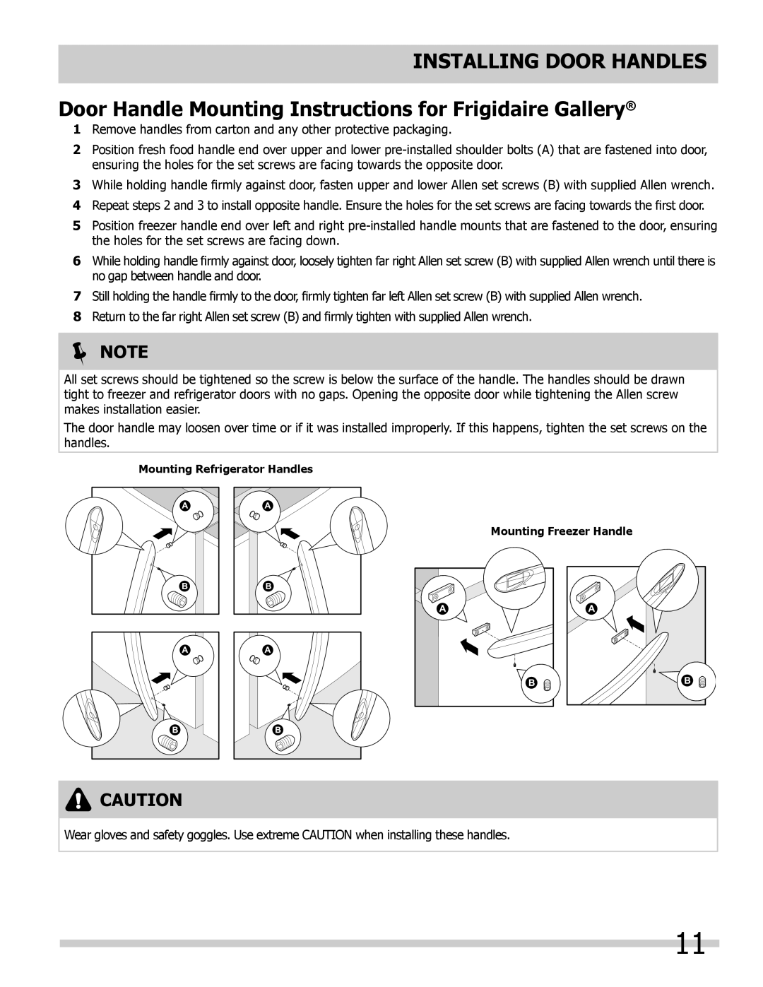 Frigidaire FPHB2899PF, FGHB2866PF Installing Door Handles, Door Handle Mounting Instructions for Frigidaire Gallery 