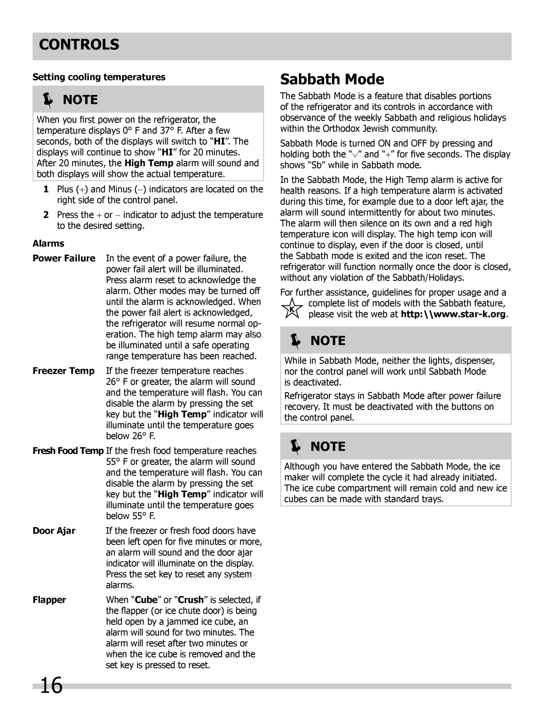 Frigidaire FGHF2366PF, FGHB2866PF, FPHB2899PF Sabbath Mode, Setting cooling temperatures, Alarms, Door Ajar, Flapper 