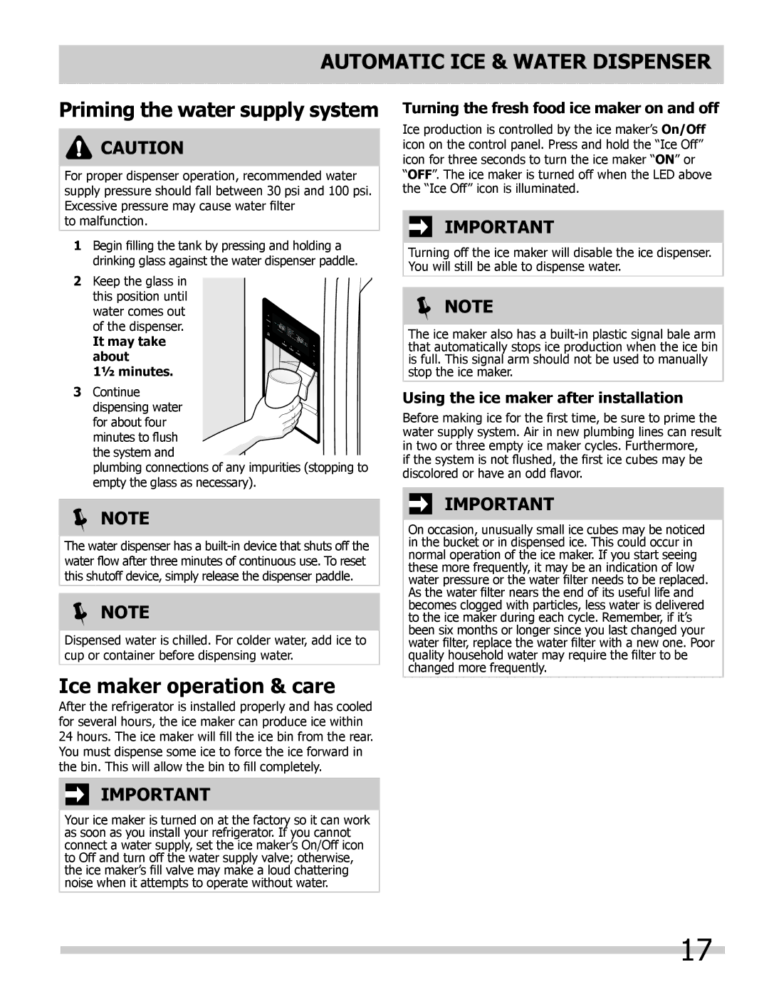 Frigidaire FPHB2899PF Automatic ICE & Water Dispenser, Priming the water supply system, Ice maker operation & care 