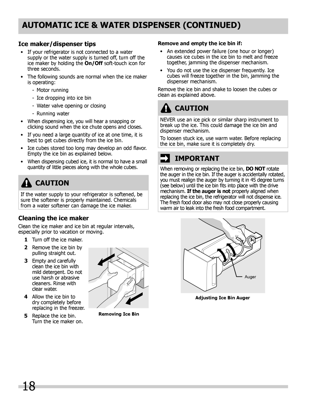 Frigidaire FGHB2866PF, FGHF2366PF Ice maker/dispenser tips, Cleaning the ice maker, Remove and empty the ice bin if 