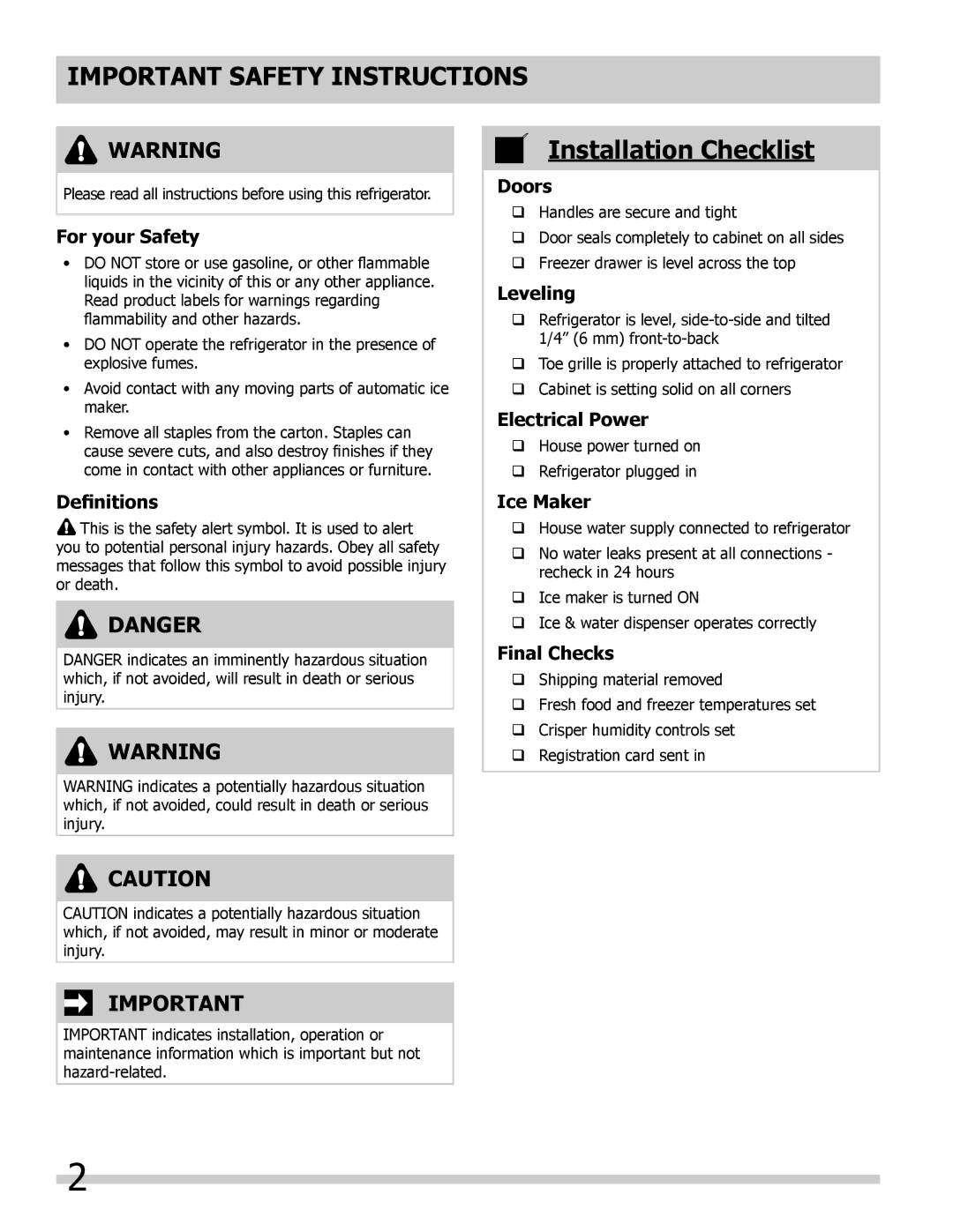 Frigidaire FPHB2899PF, FGHB2866PF, FGHF2366PF Important Safety Instructions, Installation Checklist 