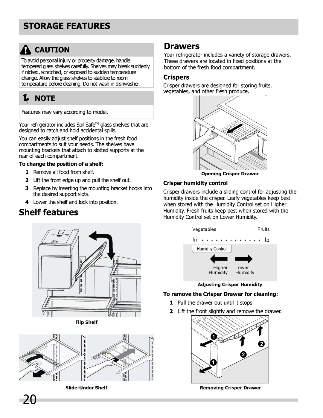 Frigidaire FPHB2899PF, FGHB2866PF, FGHF2366PF Storage Features, Shelf features, Drawers, Crispers 