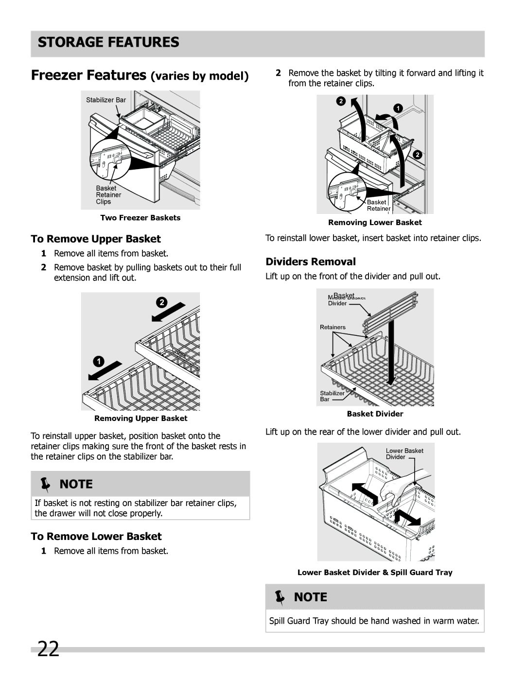 Frigidaire FGHF2366PF Freezer Features varies by model, To Remove Upper Basket, To Remove Lower Basket, Dividers Removal 