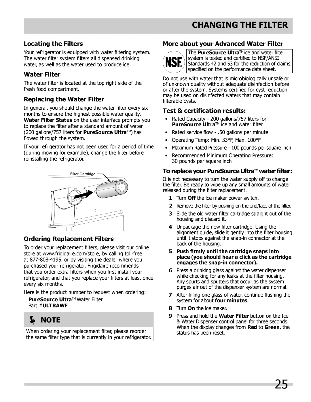 Frigidaire FGHF2366PF, FGHB2866PF, FPHB2899PF important safety instructions Changing the Filter 