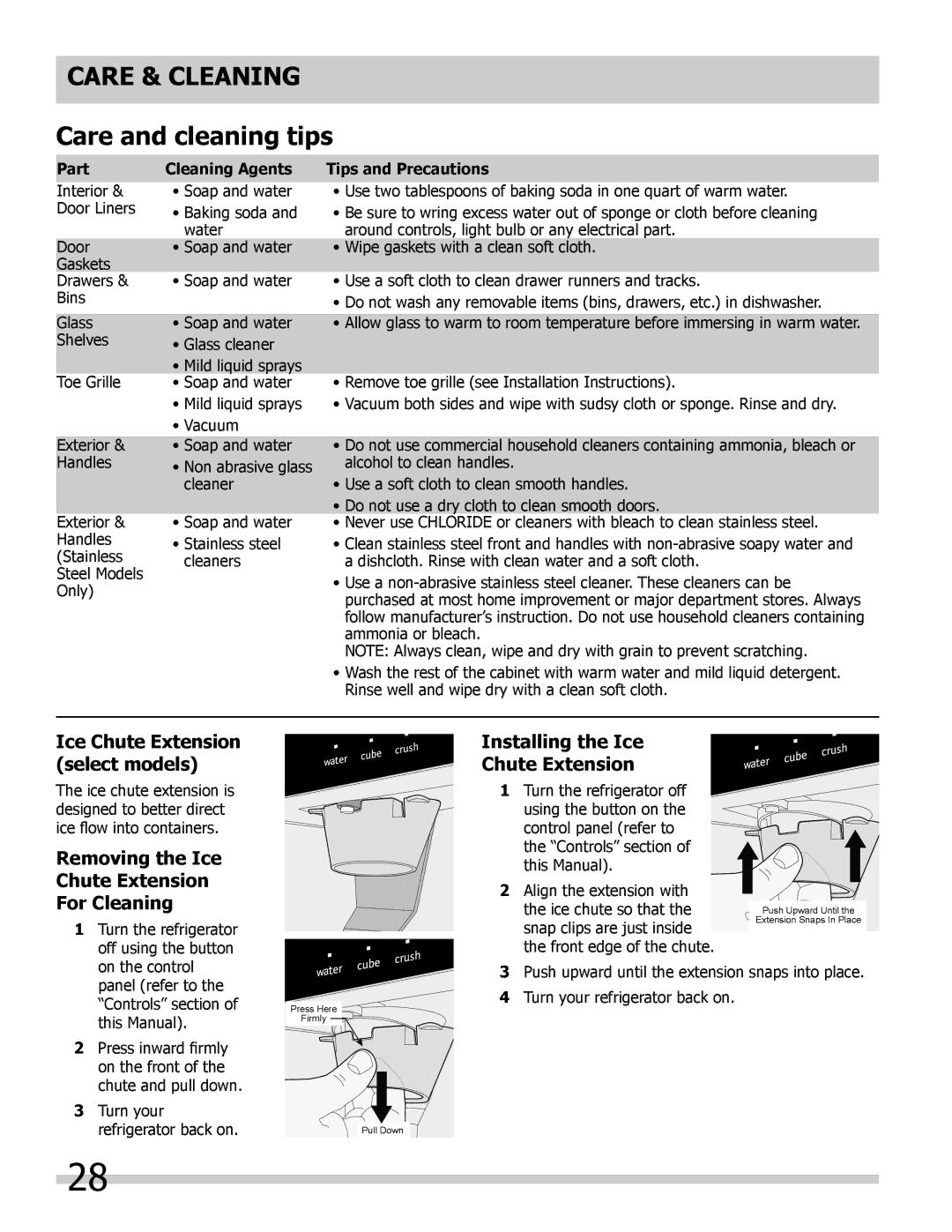 Frigidaire FGHF2366PF Care and cleaning tips, Ice Chute Extension select models, Installing the Ice Chute Extension 