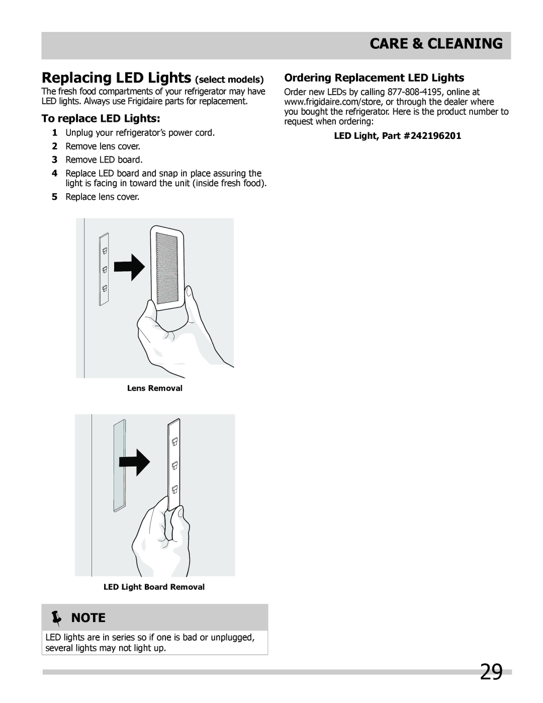 Frigidaire FPHB2899PF Replacing LED Lights select models, To replace LED Lights, Ordering Replacement LED Lights 