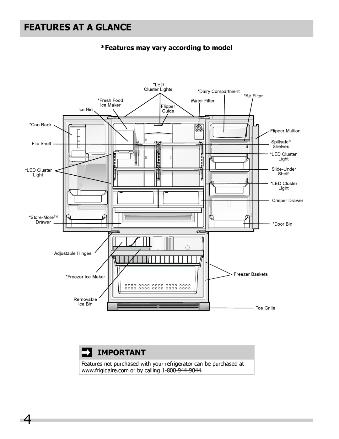 Frigidaire FGHF2366PF, FGHB2866PF, FPHB2899PF Features AT a Glance, Features may vary according to model 