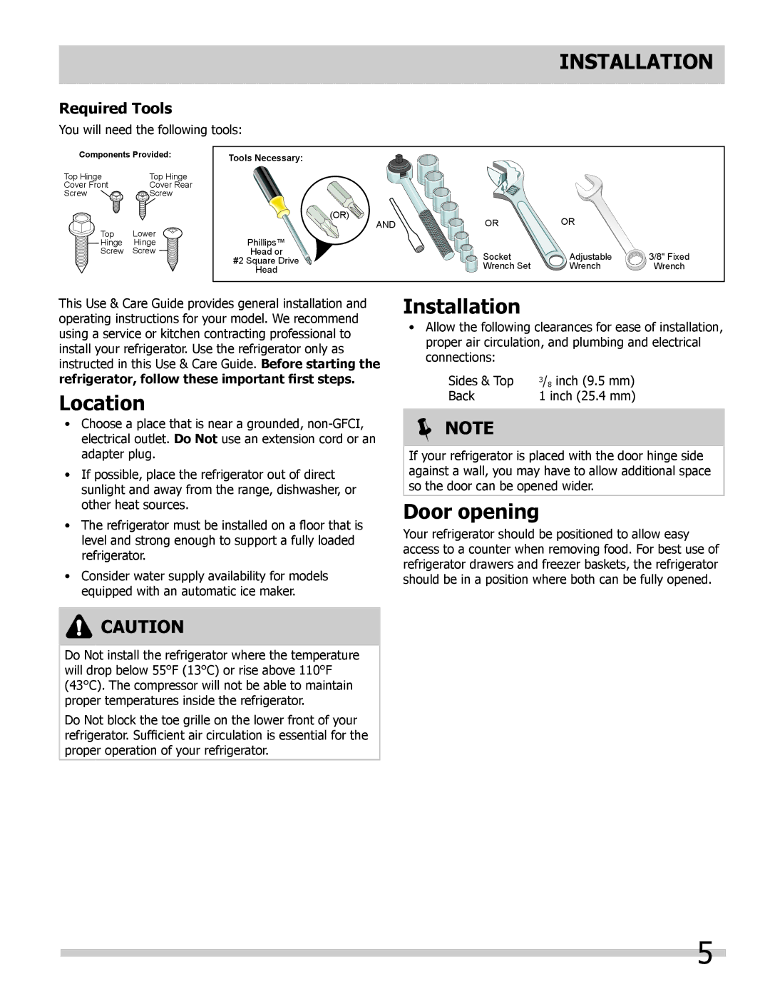 Frigidaire FPHB2899PF, FGHB2866PF, FGHF2366PF Installation, Location, Door opening, Required Tools 