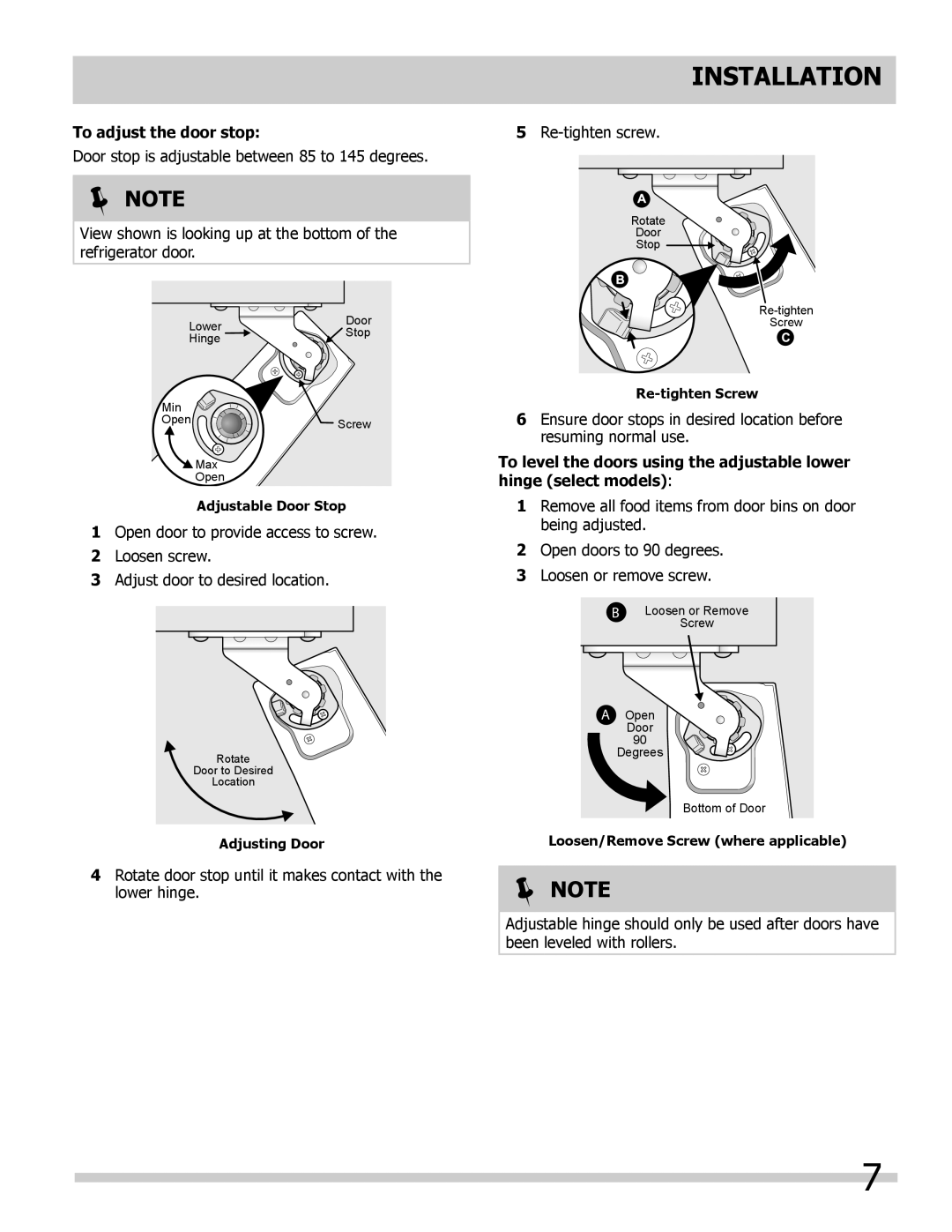 Frigidaire FGHF2366PF, FGHB2866PF, FPHB2899PF important safety instructions To adjust the door stop 