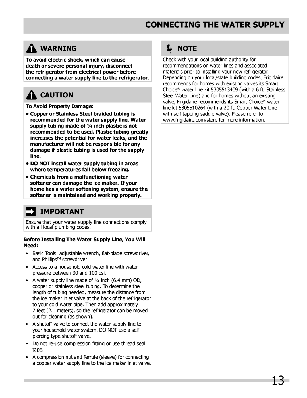 Frigidaire FGHF2366PF, FGHB2866PF, FPHB2899PF important safety instructions Connecting The Water Supply,  Note 