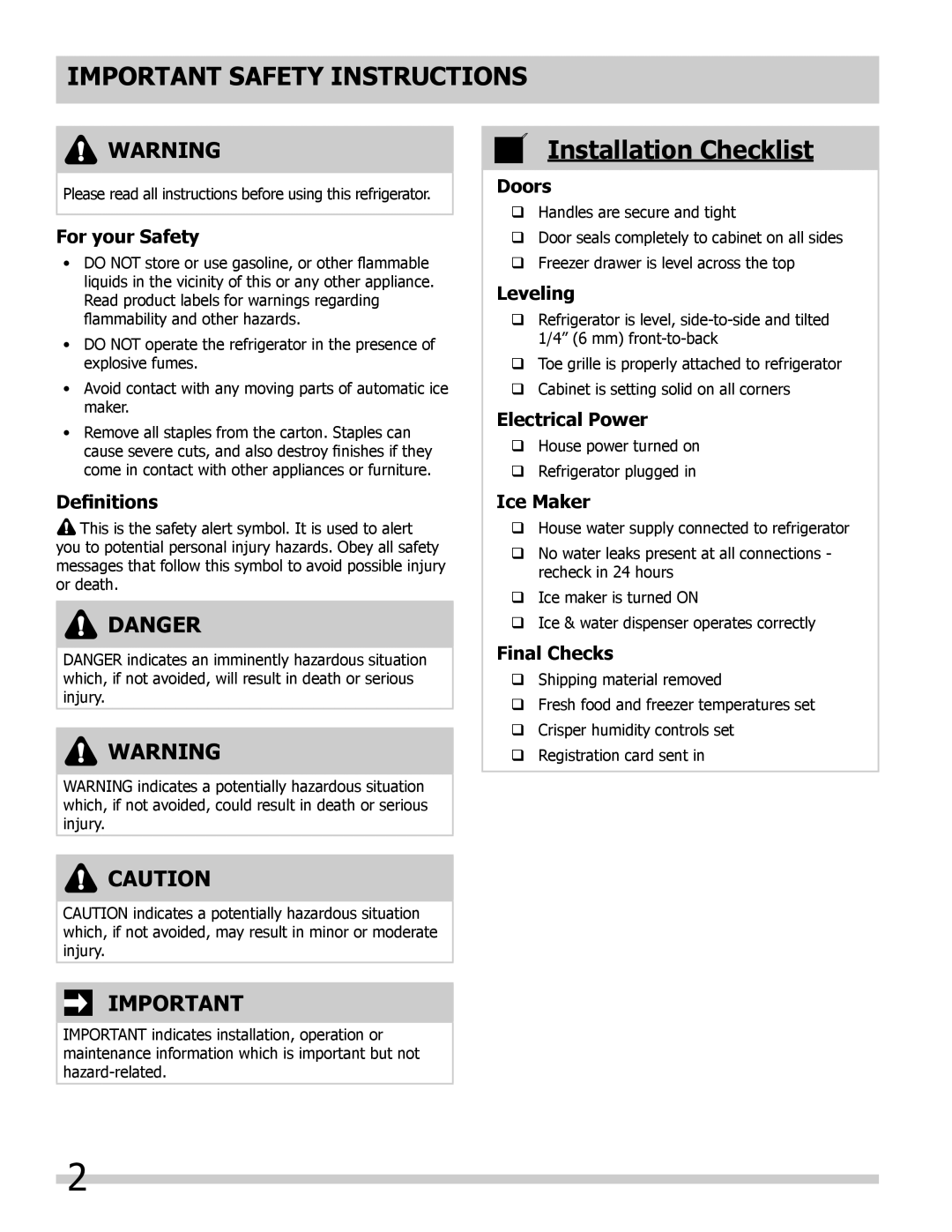 Frigidaire FPHB2899PF Important Safety Instructions, Installation Checklist, Danger, For your Safety, Definitions, Doors 