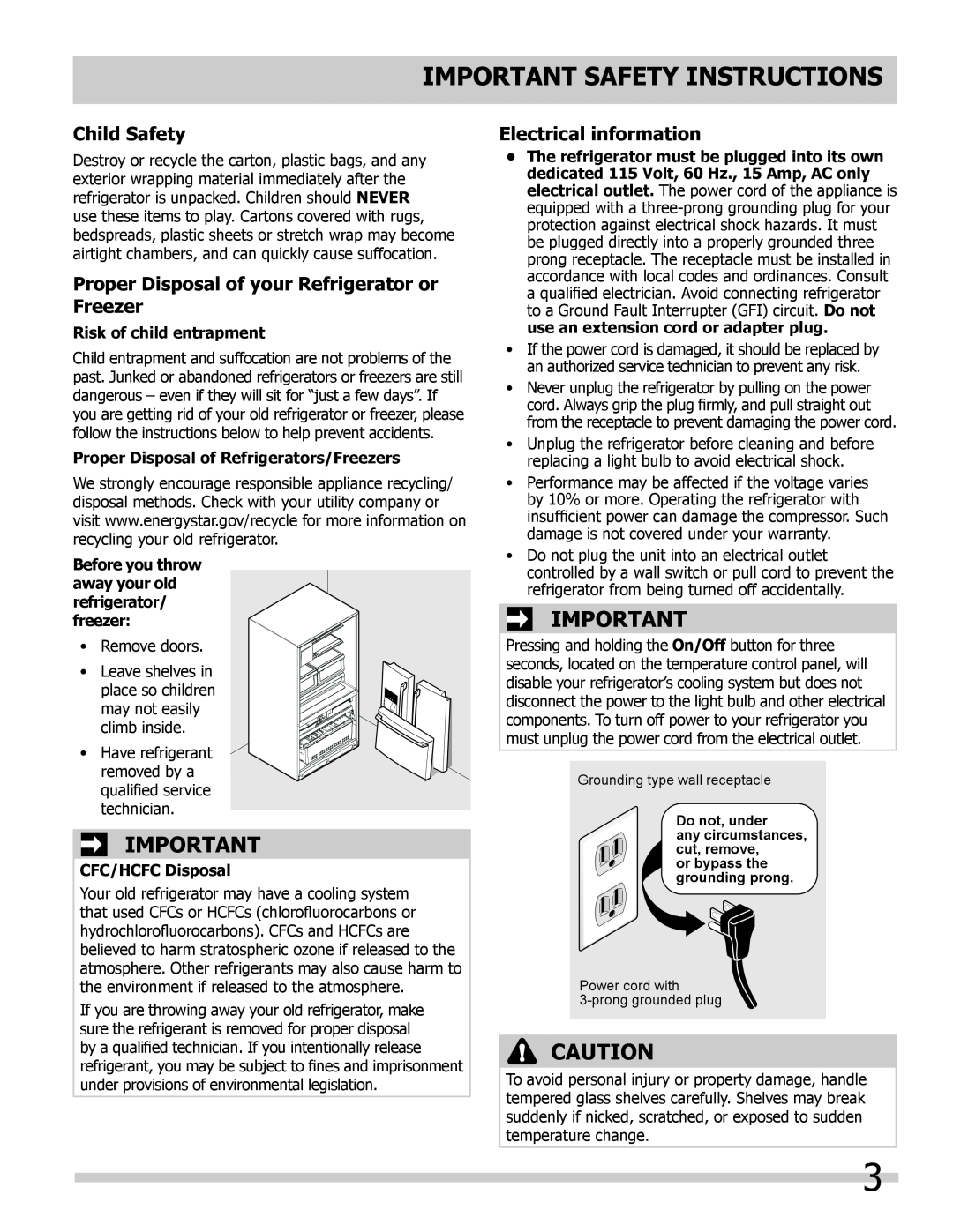 Frigidaire FGHB2866PF, FGHF2366PF Child Safety, Proper Disposal of your Refrigerator or Freezer, Electrical information 