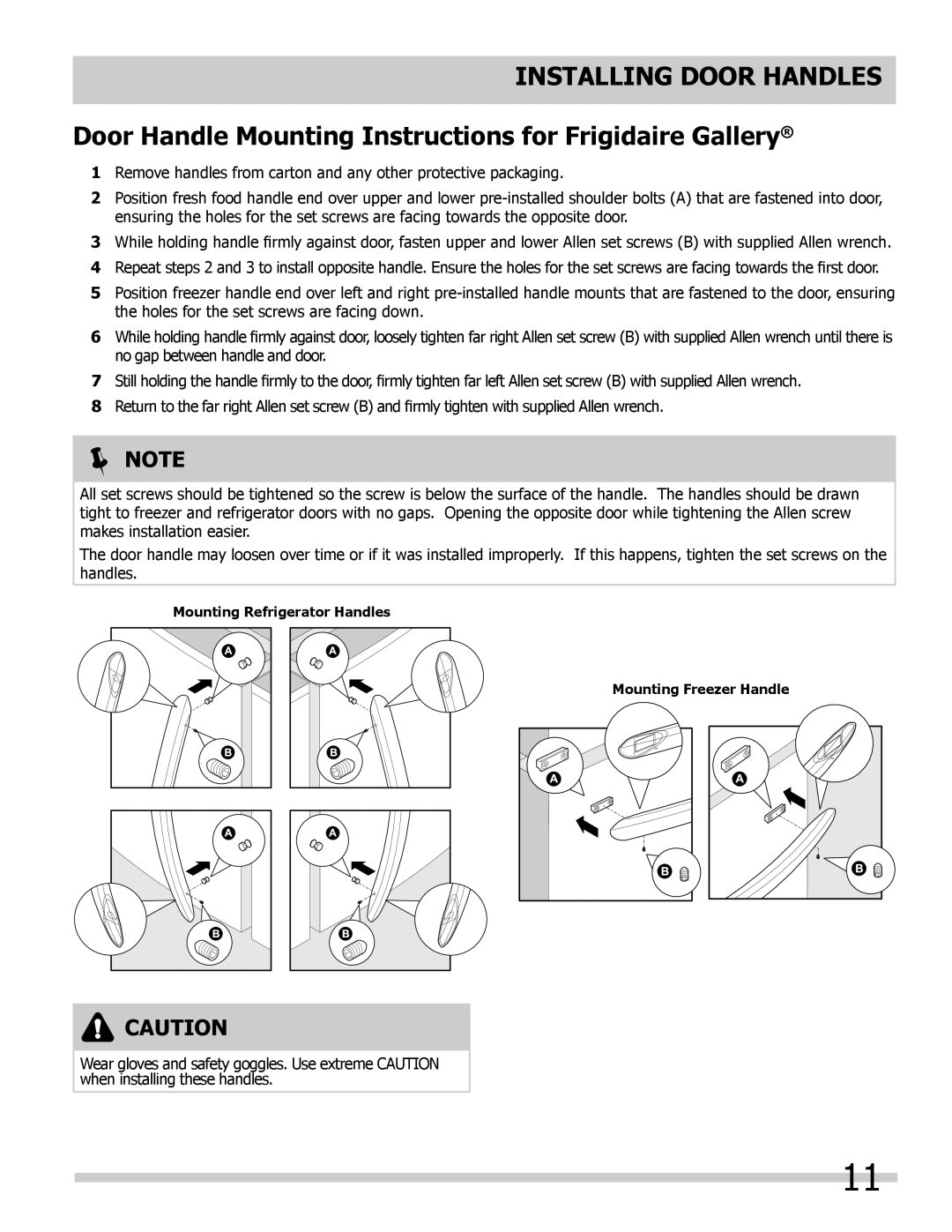 Frigidaire FGHB2878LE, FGHB2878LP Installing Door Handles, Door Handle Mounting Instructions for Frigidaire Gallery 