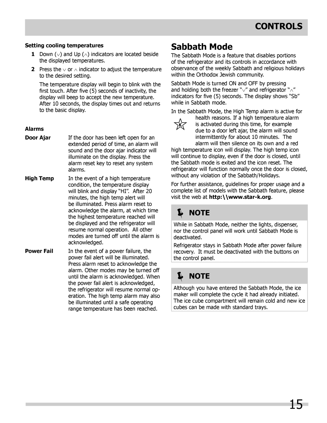 Frigidaire FGHB2878LE, FGHB2878LP important safety instructions Sabbath Mode, Setting cooling temperatures, Alarms 