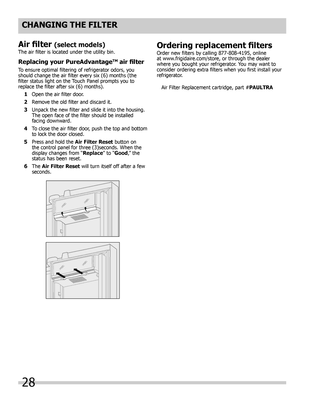 Frigidaire FGHB2878LP, FGHB2878LE Air filter select models, Replacing your PureAdvantageTM air filter 