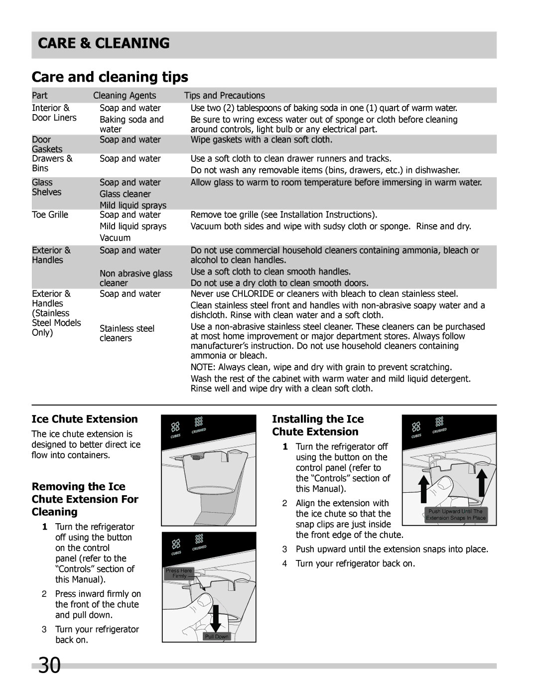 Frigidaire FGHB2878LP, FGHB2878LE Care and cleaning tips, Removing the Ice Chute Extension For Cleaning 