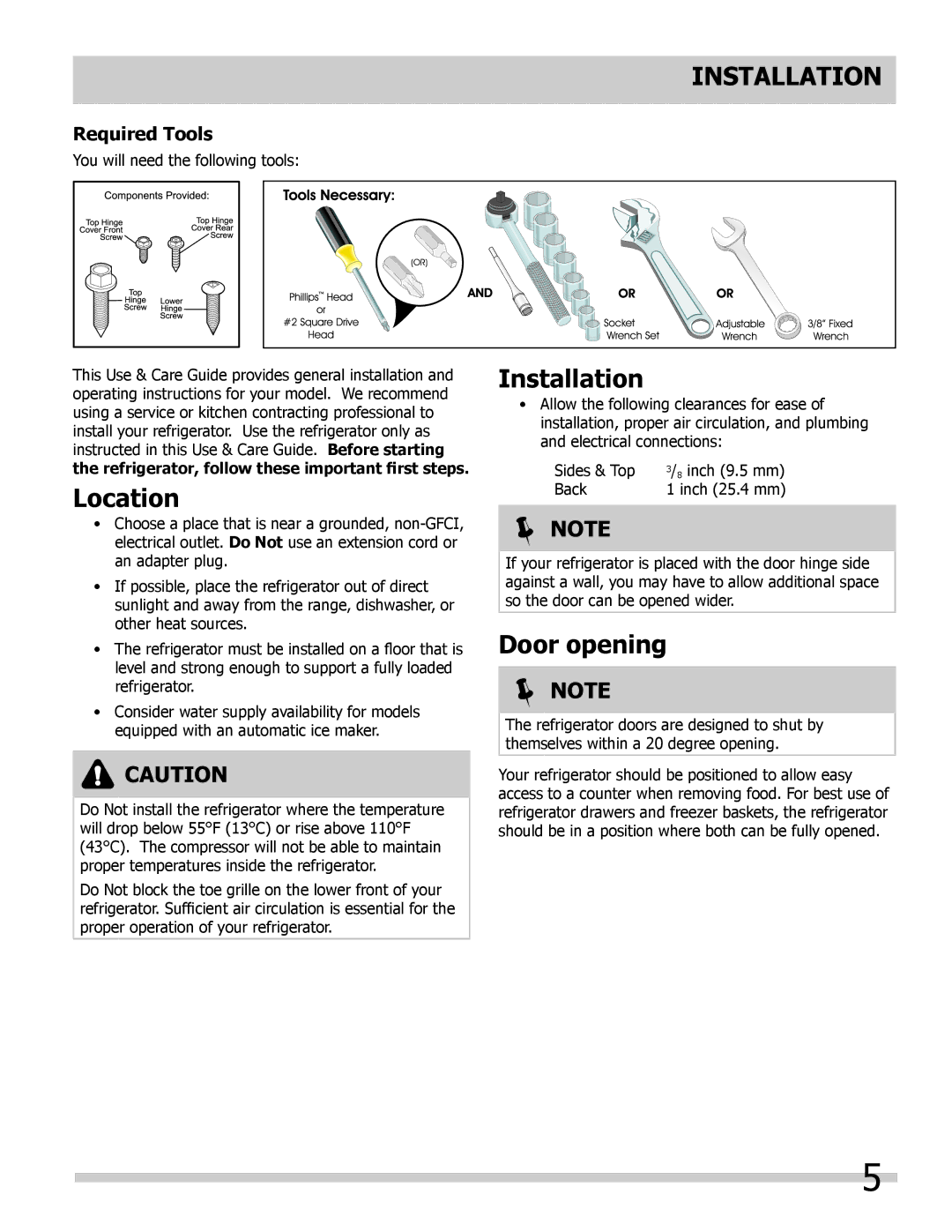 Frigidaire FGHB2878LE, FGHB2878LP important safety instructions Installation, Location, Door opening, Required Tools 