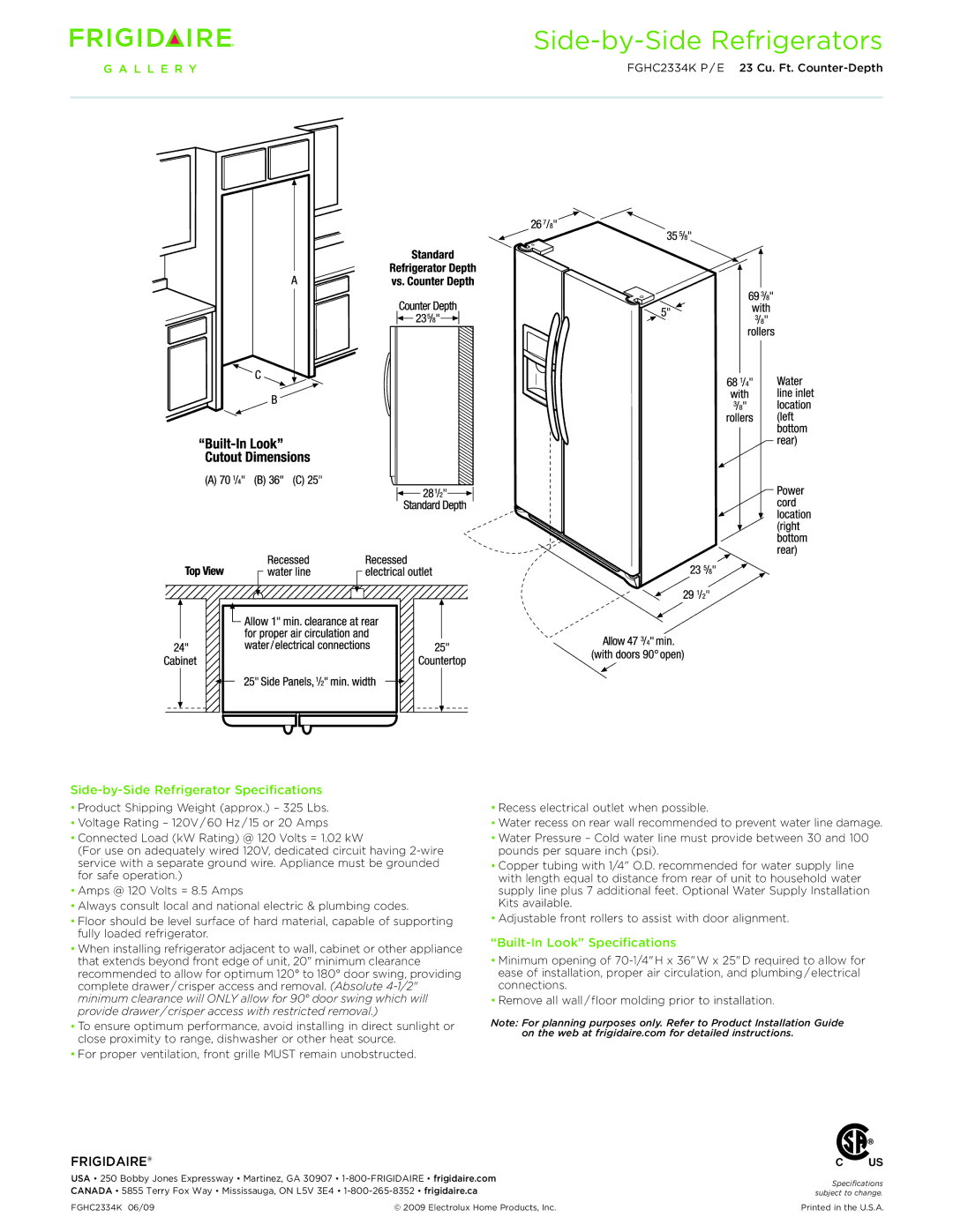 Frigidaire FGHC2334K P/E dimensions Side-by-Side Refrigerator Specifications, Built-In Look Specifications 