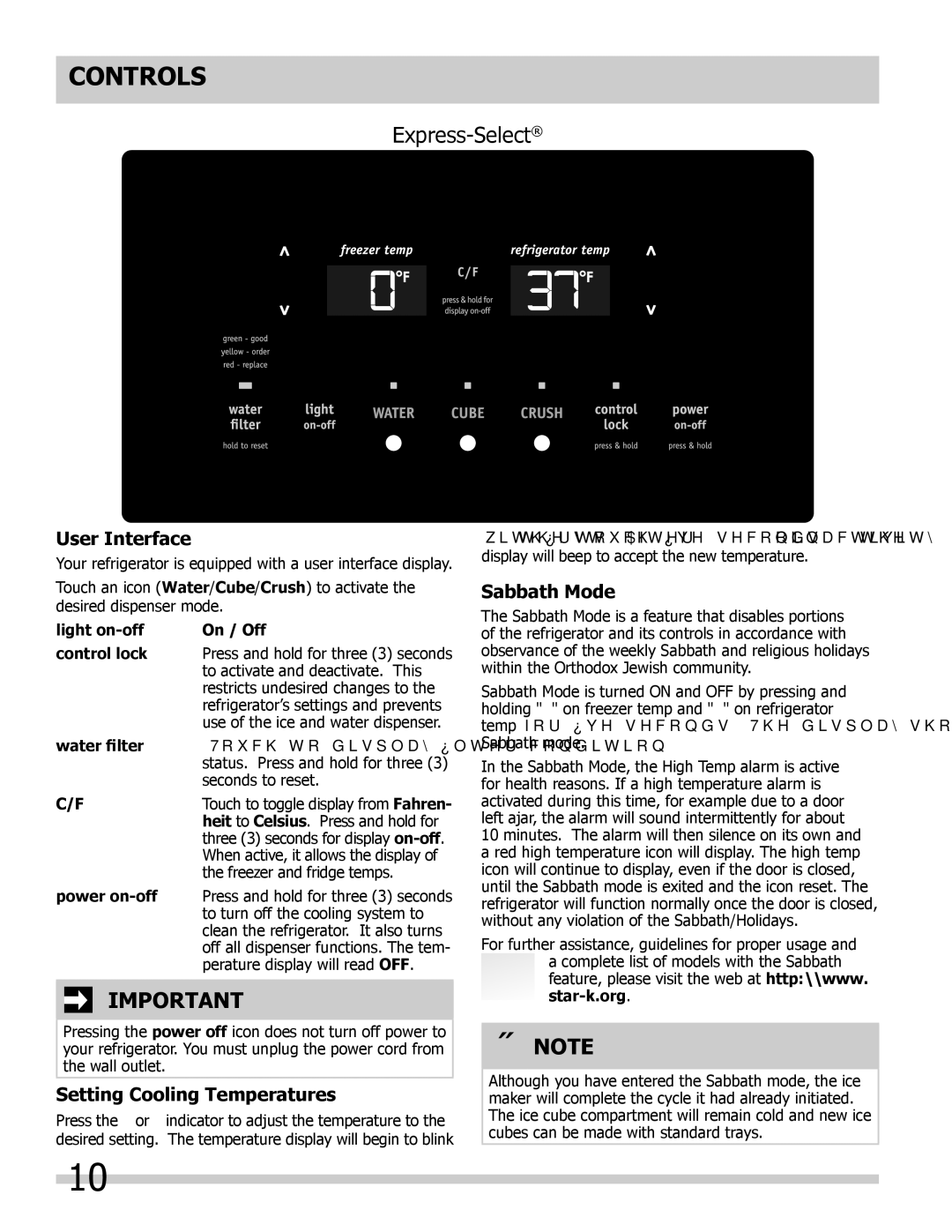 Frigidaire FGHS2332LE, FGHC2335LE, FGHS2332LP Controls, User Interface, Setting Cooling Temperatures, Sabbath Mode 