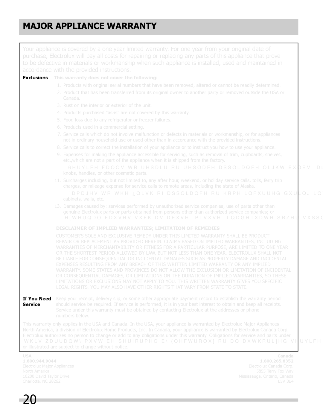 Frigidaire FGHS2332LP, FGHC2335LE Major Appliance Warranty, Exclusions This warranty does not cover the following 