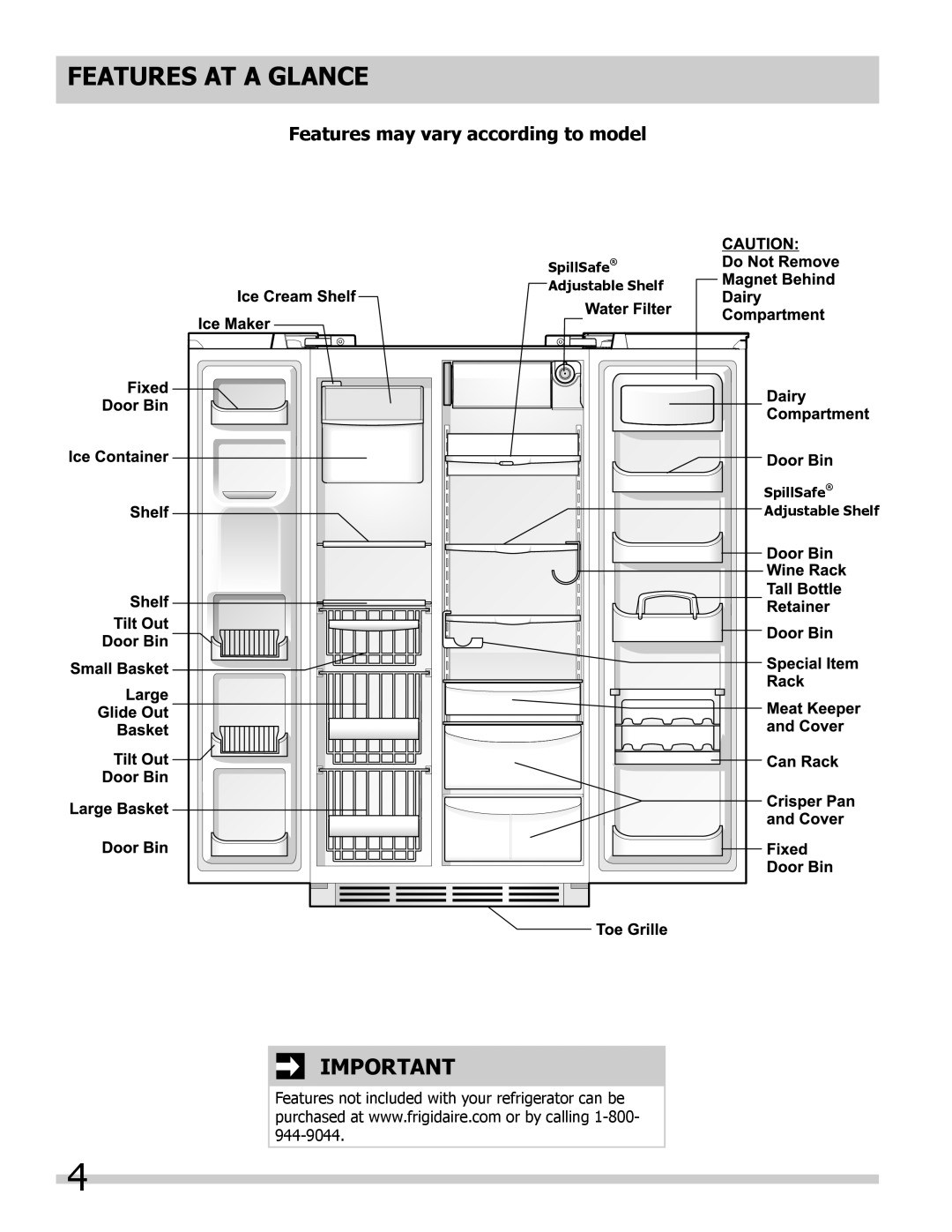 Frigidaire FGHS2332LE, FGHC2335LE Features AT a Glance, Features may vary according to model, SpillSafe Adjustable Shelf 