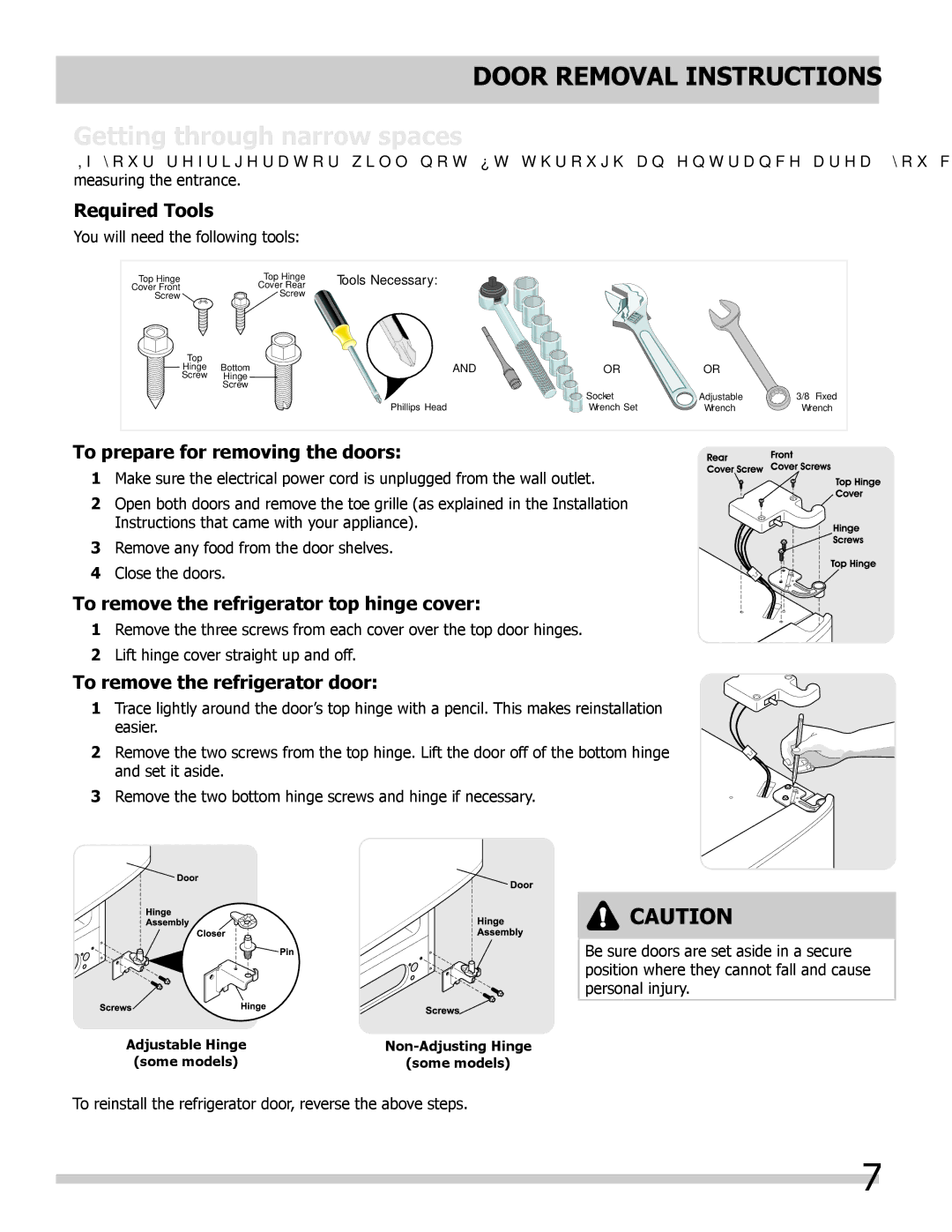 Frigidaire FGHS2332LE, FGHC2335LE, FGHS2332LP Door Removal Instructions, Required Tools, To prepare for removing the doors 