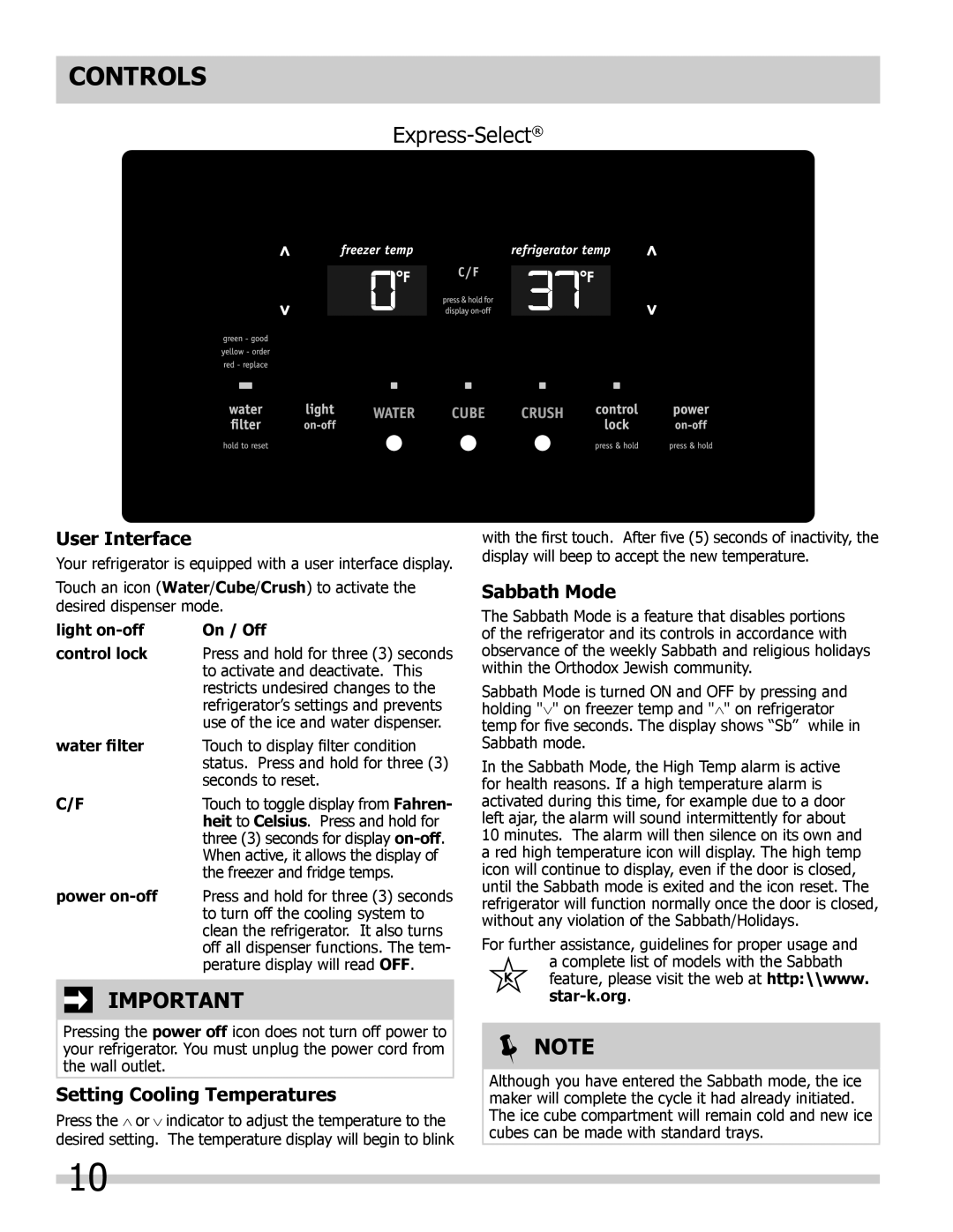 Frigidaire FGHS2332LE Controls, Express-Select, User Interface, Setting Cooling Temperatures, Sabbath Mode, light on-off 