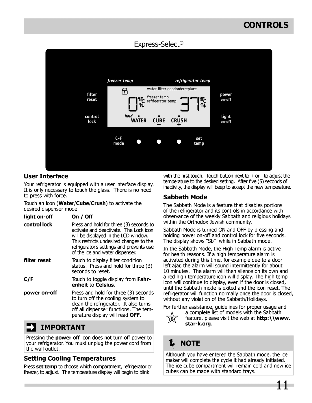 Frigidaire FGHS2332LP filter reset, enheit to Celsius, Controls, Express-Select,  Note, User Interface, Sabbath Mode 