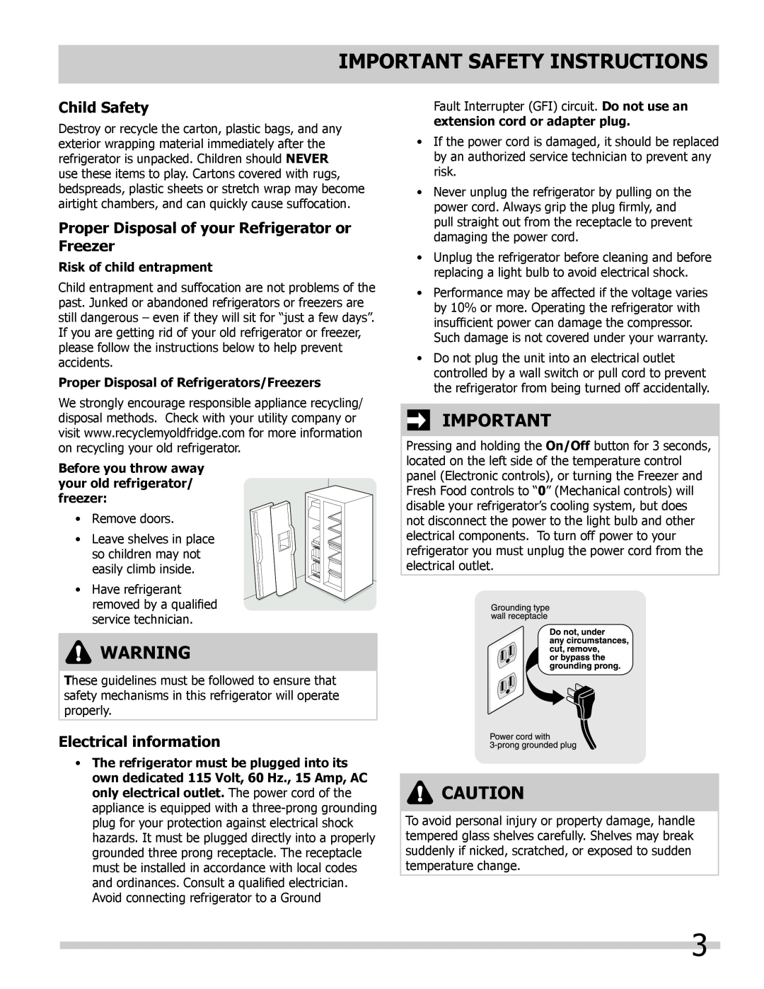 Frigidaire FGHC2335LE, FGHS2332LE Child Safety, Proper Disposal of your Refrigerator or Freezer, Electrical information 