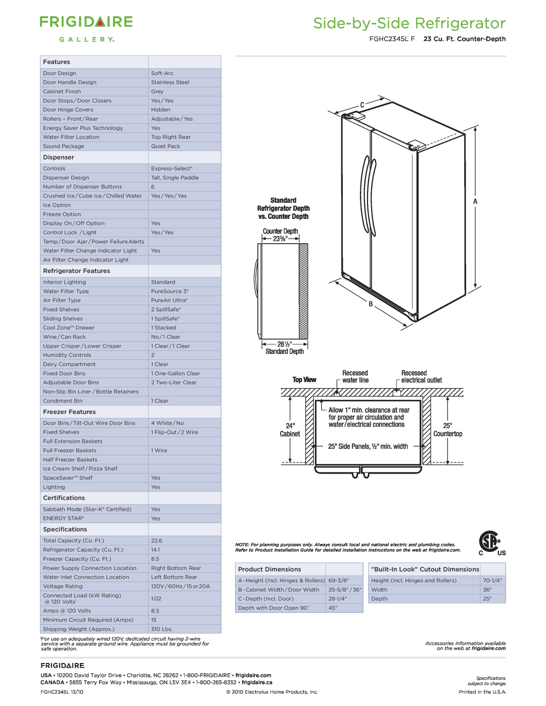 Frigidaire dimensions Side-by-SideRefrigerator, FGHC2345L F 23 Cu. Ft. Counter-Depth 