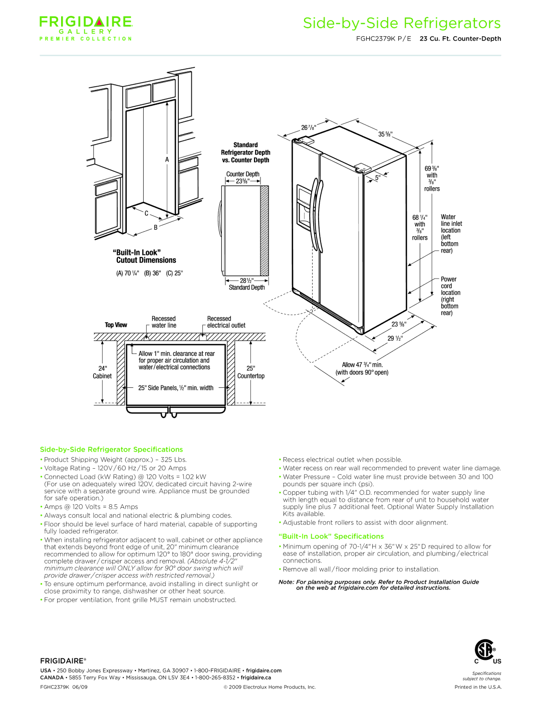 Frigidaire FGHC2379KP, FGHC2379KE dimensions Side-by-Side Refrigerator Specifications, Built-In Look Specifications 