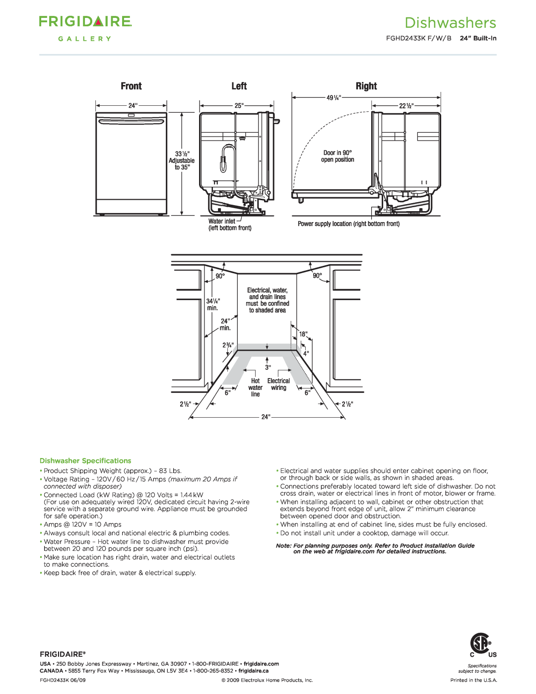 Frigidaire FGHD2433K F/W/B dimensions Dishwasher Specifications, Frigidaire, Dishwashers 