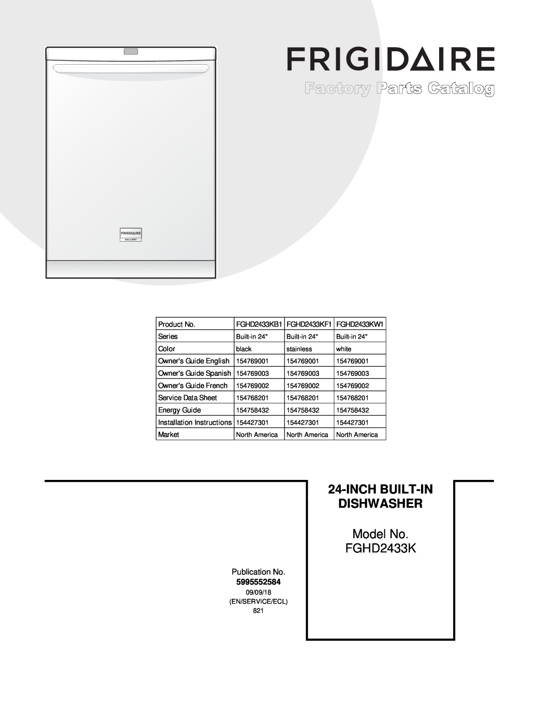 Frigidaire FGHD2433K installation instructions Product No, Series, Color, Service Data Sheet, Energy Guide, Market 
