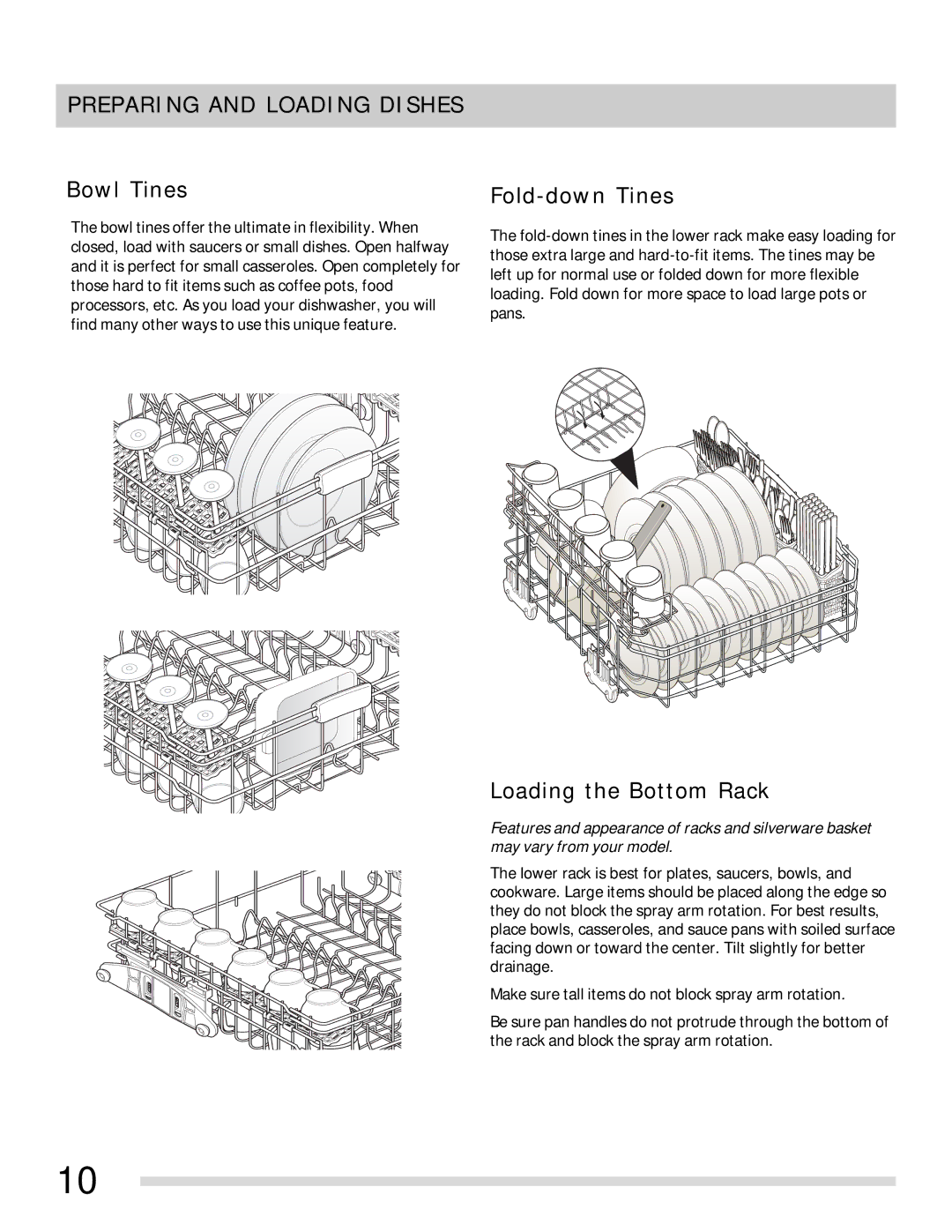 Frigidaire FGHD2455LF, FGHD2455LW, FGHD2455LB Bowl Tines, Fold-down Tines, Loading the Bottom Rack 