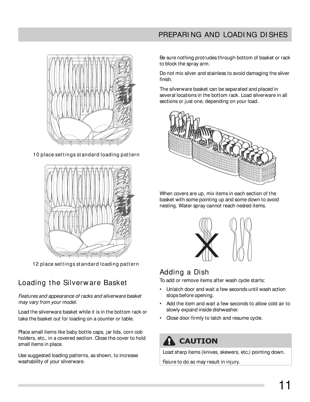 Frigidaire FGHD2455LB, FGHD2455LW, FGHD2455LF important safety instructions Loading the Silverware Basket, Adding a Dish 