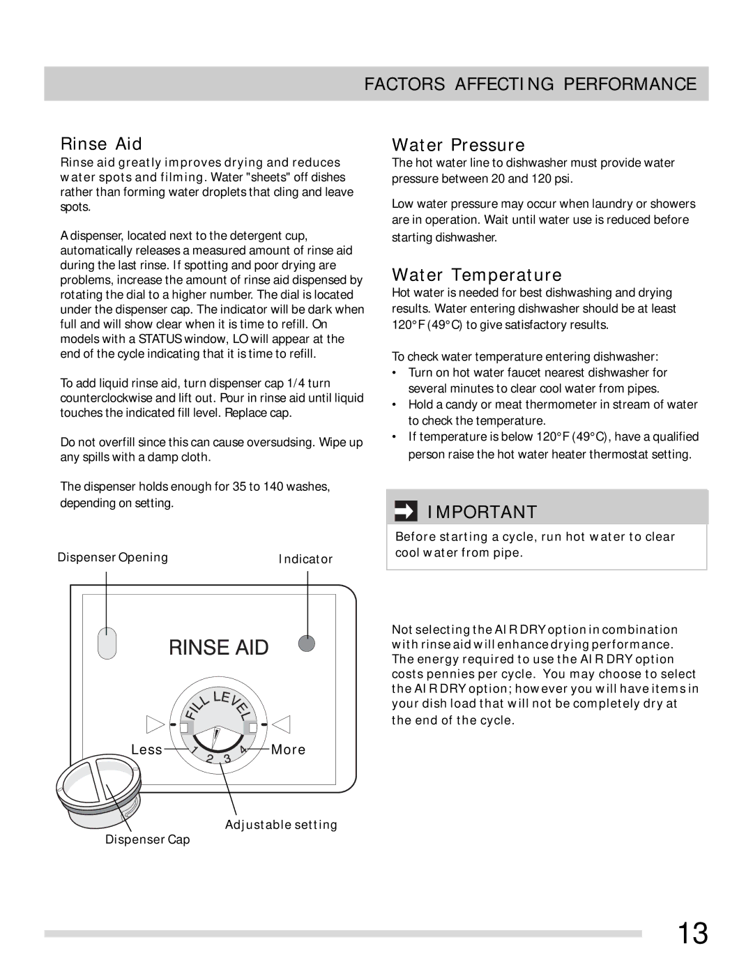 Frigidaire FGHD2455LF, FGHD2455LW, FGHD2455LB Factors Affecting Performance, Rinse Aid, Water Pressure, Water Temperature 