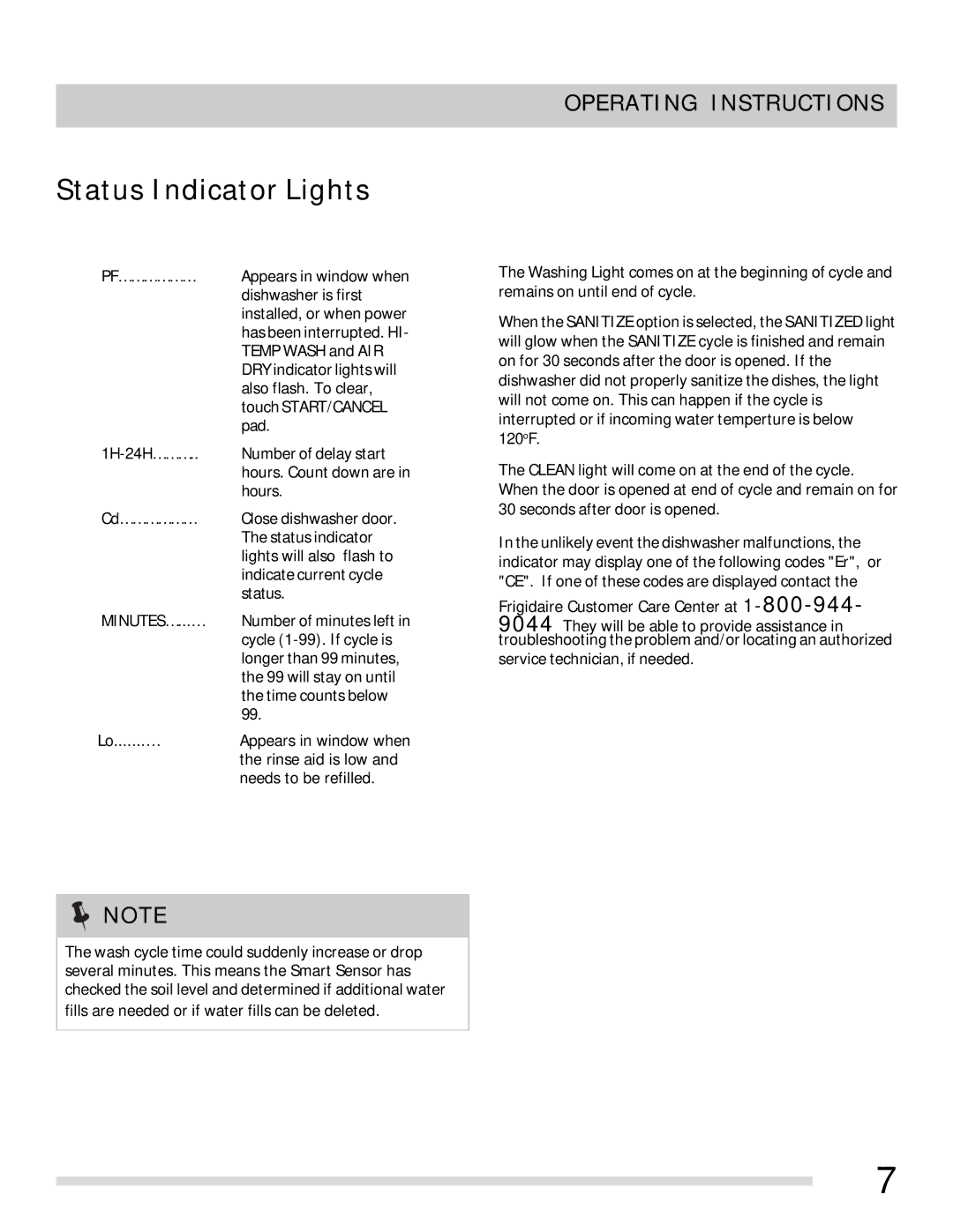 Frigidaire FGHD2455LF, FGHD2455LW, FGHD2455LB important safety instructions Status Indicator Lights 